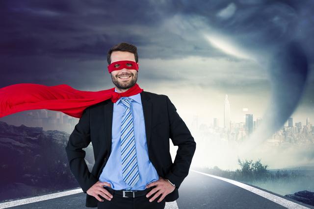 Portrait of happy businessman wearing superhero costume on country road - Download Free Stock Photos Pikwizard.com