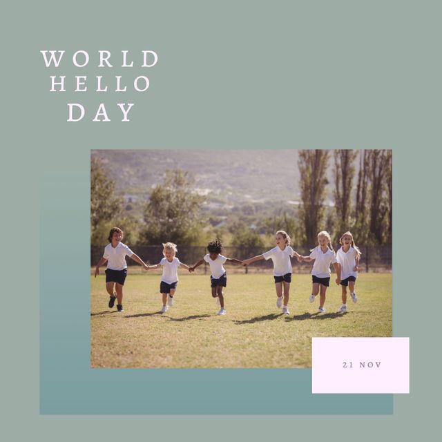 Composition of world hello day text with diverse children holding hands. Hello day and celebration concept digitally generated image.