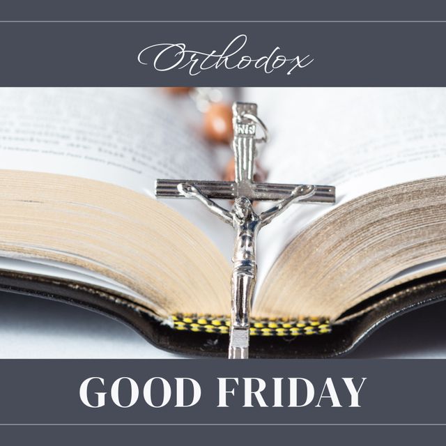 Image of good friday text over bible and cross. Good friday and celebration concept digitally generated image.