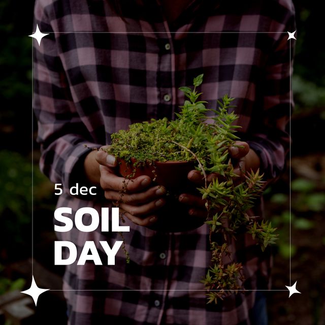 Composition of soil day text over frame and biracial woman's hands holding pot with plant. Soil day, eco living and sustainability concept.