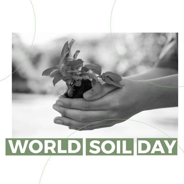 Composite of cropped hands of caucasian woman holding fresh plant and world soil day text. Copy space, close-up, nature, healthy soil and sustainable management concept.