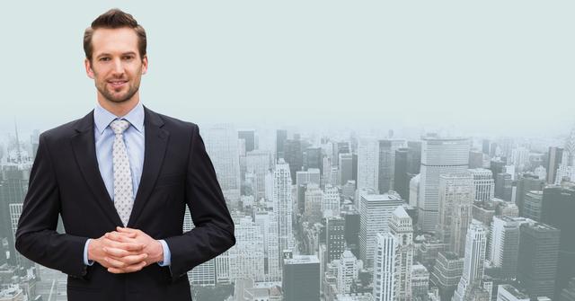 Businessman standing with hands clasped against cityscape - Download Free Stock Photos Pikwizard.com
