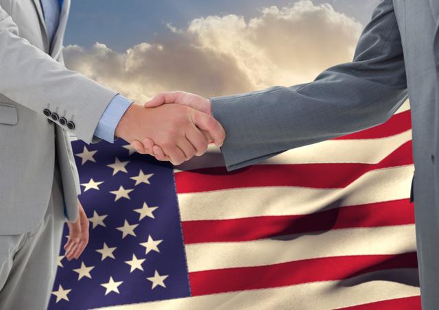 Digital composition of businessman shaking hands against american flag background