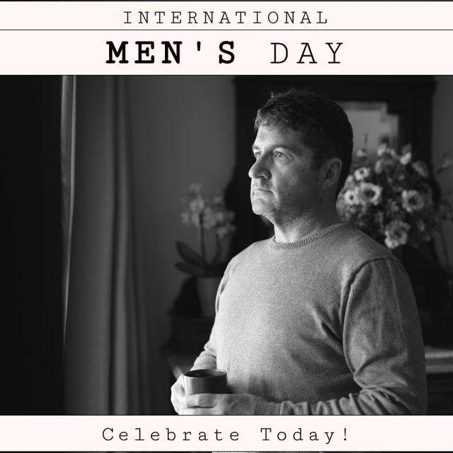 Digital image of thoughtful mature caucasian man with coffee cup, international men's day text. Copy space, celebration, awareness, holiday, recognizing contributions and achievements.