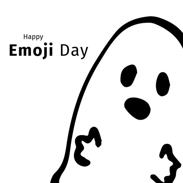 Illustration of ghost emoticon icon with happy emoji day text on white background, copy space. vector, celebration, emotion, small digital icon, expression.