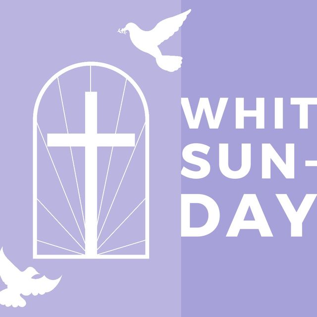 Digitally generated image of white cross with doves and whit sunday text on purple background. digital composite, symbolism, and religion concept.