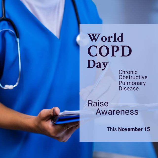 Composition of world copd day raise awareness text with biracial female doctor. Copd awareness day concept digitally generated image.