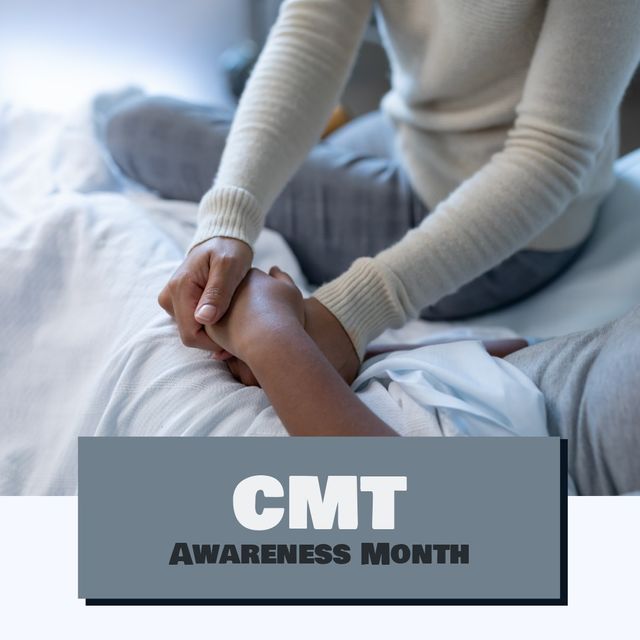 Square image of cmt awareness month text with people holding hands. Cmt awareness month campaign.