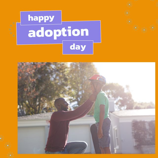 Composition of happy adoption day text with african american man and his son. Adoption day and celebration concept digitally generated image.