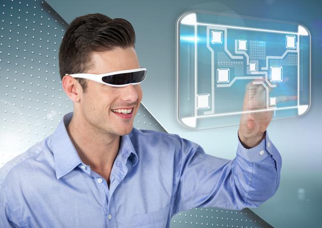 Man using virtual reality headset and touching a digital screen - Download Free Stock Photos Pikwizard.com