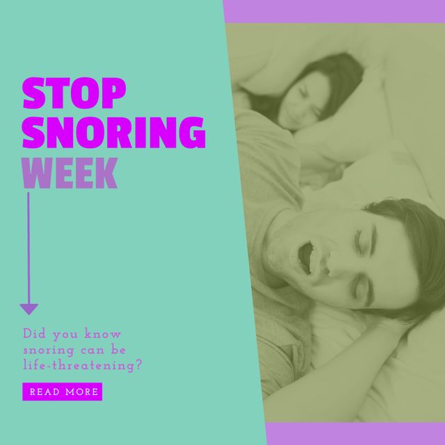 Image of stop snoring week text over caucasian couple in bed with man snoring. Stop snoring week and celebration concept digitally generated image.