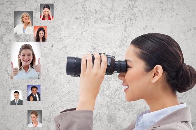 Digital composite image of HR looking at candidates through binoculars - Download Free Stock Photos Pikwizard.com