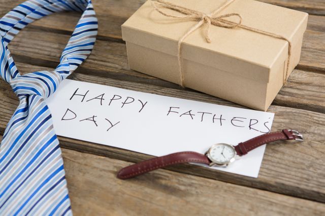 High angle view of fathers day greeting by gifts on table - Download Free Stock Photos Pikwizard.com
