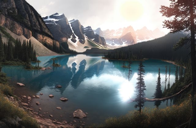 Scenery with mountains, forest and lake created using generative ai technology. Landscape and nature concept digitally generated image.