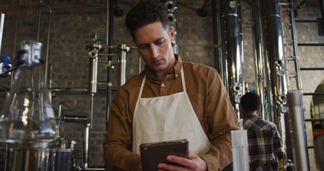 Caucasian man working at gin distillery, using digital tablet, wearing apron. work at an independent craft gin distillery business.