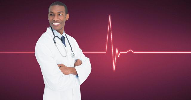 Male doctor standing with arms crossed with heart rate background - Download Free Stock Photos Pikwizard.com