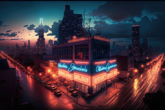 Cityscape with lit streets and neon on building, created using generative ai technology. Architecture and skyline concept digitally generated image.