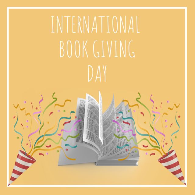 International book giving day text in white with open book and party streamers on orange background. Reading, literature and education awareness campaign.