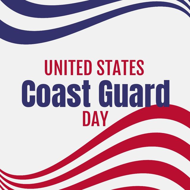 Illustration of united states coast guard day text on white background with red and blue patterns. Copy space, vector, honor, celebration, revenue marine, maritime services.
