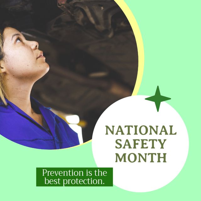 Composition of national safety month text over caucasian female mechanic in workshop. National safety month, business and celebration concept digitally generated image.