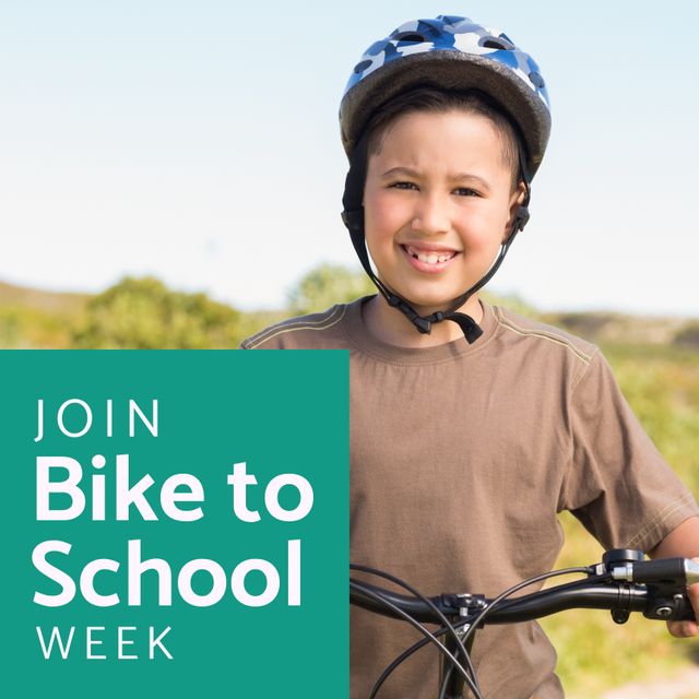 Digital portrait of smiling asian boy riding bicycle, join bike to school week text, copy space. Benefits of cycling, encourages healthy habit, celebration, environment conservation, learning.