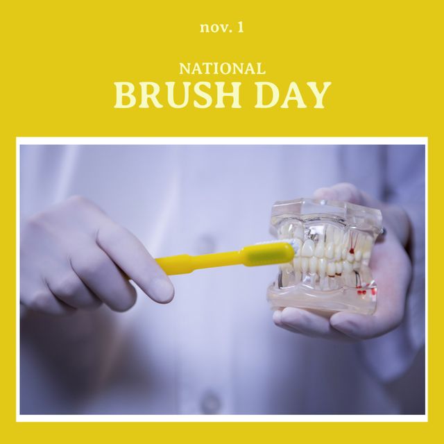 Image of national brush day over hands of dentist showing how to brush teeth. Health, dentistry and teeth care concept.