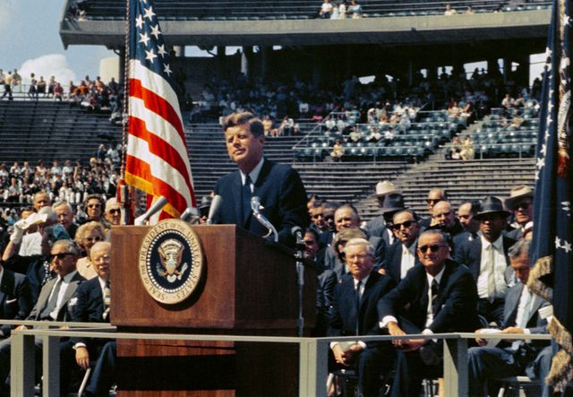 Speech at Rice Stadium, President Kennedy standing at lectern.    HOUSTON, TX    CN
