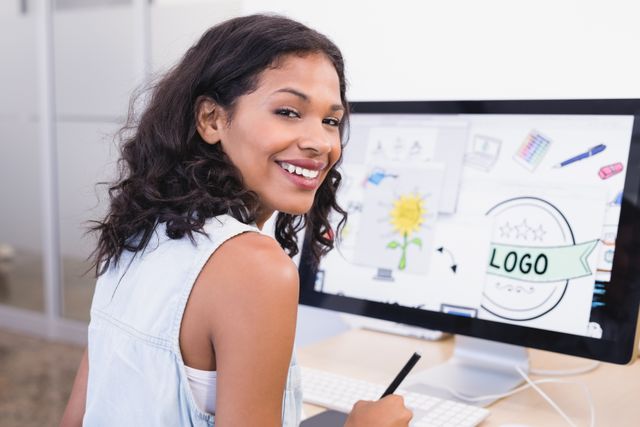 Smiling businesswoman using desktop computer - Download Free Stock Photos Pikwizard.com