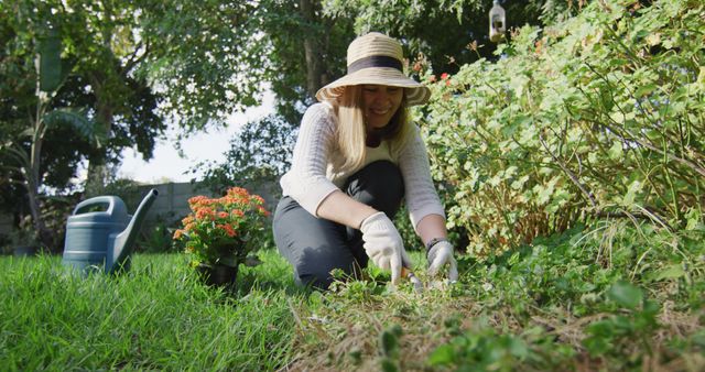 Caucasian woman wearing a hat and gardening gloves gardening in the garden - Download Free Stock Photos Pikwizard.com