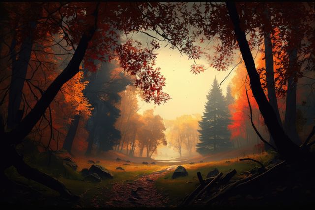 Forest scenery with trees, rocks and pathway created using generative ai technology. Autumn, landscape and nature concept digitally generated image.
