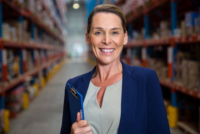 Business woman smiling with her clipboard in a warehouse 