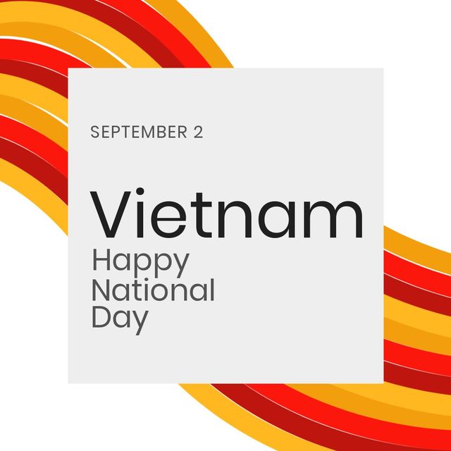 Illustration of september 2 and vietnam happy national day text with yellow and red lines. White background, copy space, vector, patriotism, celebration, freedom and identity concept.