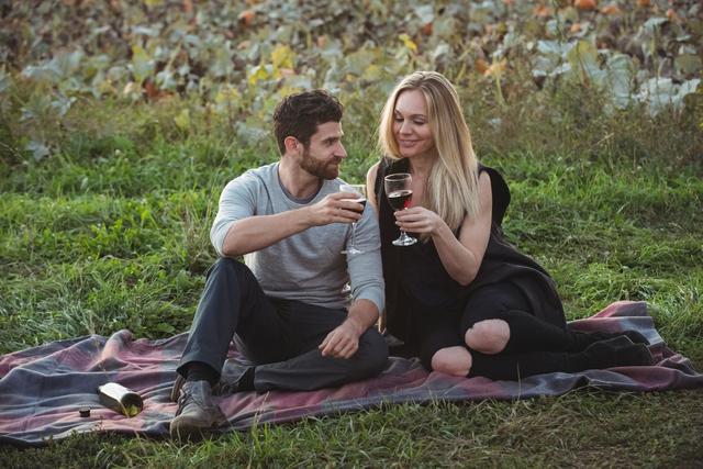 Couple toasting a glass of red wine in field on a sunny day
