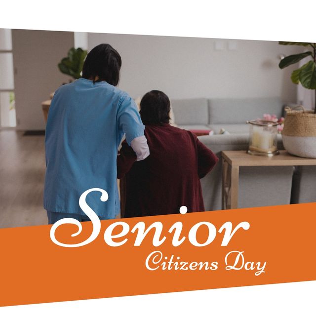 Composite of caucasian doctor assisting senior woman in walking at home and senior citizens day text. Rear view, disability, retirement, healthcare, abuse, awareness, acknowledge and prevention.