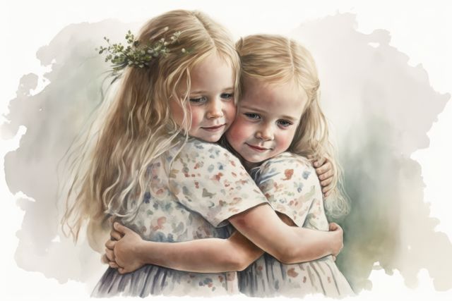 Watercolour portrait of two girls embracing, created using generative ai technology. Painting and portraiture concept digitally generated image.