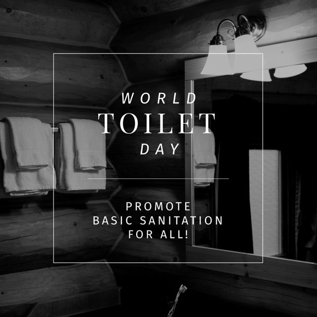 Digital composite image of world toilet day, promote basic sanitation for all text in bathroom. Copy space, raise awareness, safely managed sanitation, hygiene, public health.