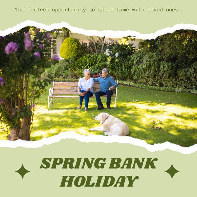 Composition of spring bank holiday text over happy senior biracial couple with dog in garden. Spring bank holiday and celebration concept digitally generated image.