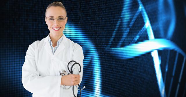 Female doctor with stethoscope against medical background - Download Free Stock Photos Pikwizard.com