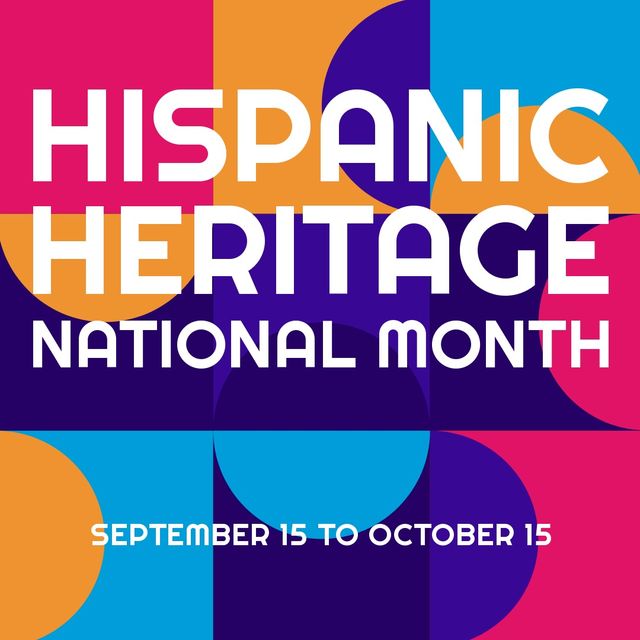 National hispanic heritage month and september 15 to october 15 text on colorful background. Illustration, copy space, hispanic americans, recognition, achievement, contribution and celebration.
