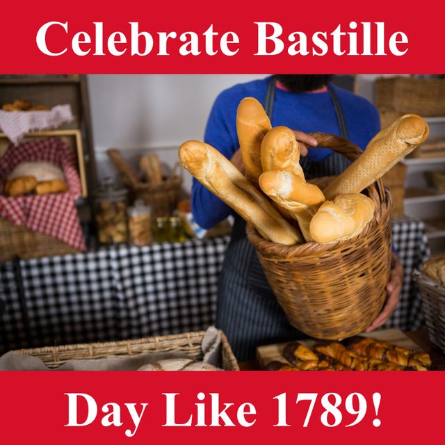Composition of bastille day text over caucasian man holding basket of baguettes. France, french patriotism, tradition and celebration concept digitally generated image.