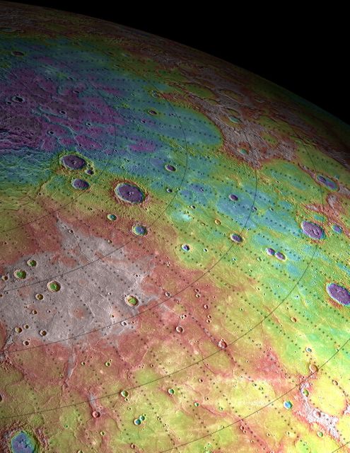 Scale: The width of this image is about 250 kilometers (150 miles)  Topographic information from the Mercury Laser Altimeter (MLA) is used to colorize a image mosaic of Goethe basin, located in Mercury's northern region. The purple colors are low and white is the highest; the total range of heights shown in this view is about 1 kilometer. Goethe basin is home to a variety of interesting features, including ghost craters with graben, wrinkle ridges that outline the basin, and dark craters that host radar-bright materials.  The MESSENGER spacecraft is the first ever to orbit the planet Mercury, and the spacecraft's seven scientific instruments and radio science investigation are unraveling the history and evolution of the Solar System's innermost planet. Visit the Why Mercury? section of this website to learn more about the key science questions that the MESSENGER mission is addressing. During the one-year primary mission, MDIS acquired 88,746 images and extensive other data sets. MESSENGER is now in a yearlong extended mission, during which plans call for the acquisition of more than 80,000 additional images to support MESSENGER’s science goals.  Credit: NASA/Johns Hopkins University Applied Physics Laboratory/Carnegie Institution of Washington/Brown University  <b><a href="http://www.nasa.gov/audience/formedia/features/MP_Photo_Guidelines.html" rel="nofollow">NASA image use policy.</a></b>  <b><a href="http://www.nasa.gov/centers/goddard/home/index.html" rel="nofollow">NASA Goddard Space Flight Center</a></b> enables NASA’s mission through four scientific endeavors: Earth Science, Heliophysics, Solar System Exploration, and Astrophysics. Goddard plays a leading role in NASA’s accomplishments by contributing compelling scientific knowledge to advance the Agency’s mission.  <b>Follow us on <a href="http://twitter.com/NASA_GoddardPix" rel="nofollow">Twitter</a></b>  <b>Like us on <a href="http://www.facebook.com/pages/Greenbelt-MD/NASA-Goddard/395013845897?ref=tsd" rel="nofollow">Facebook</a></b>  <b>Find us on <a href="http://instagrid.me/nasagoddard/?vm=grid" rel="nofollow">Instagram</a></b>