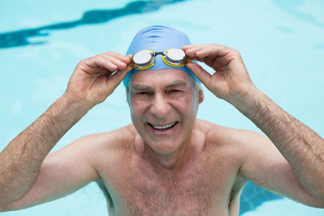 Senior man holding goggles in swimming pool - Download Free Stock Photos Pikwizard.com
