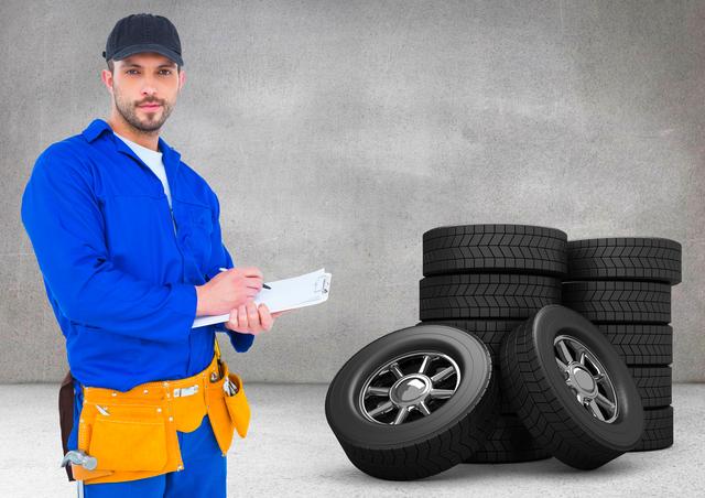 Serviceman writing on clipboard and standing next to tyres - Download Free Stock Photos Pikwizard.com
