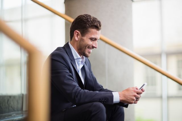 Happy businessman sitting on steps and using mobile phone - Download Free Stock Photos Pikwizard.com