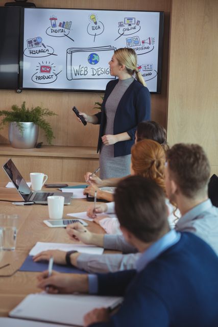 Businesswoman interacting with colleagues during meeting - Download Free Stock Photos Pikwizard.com