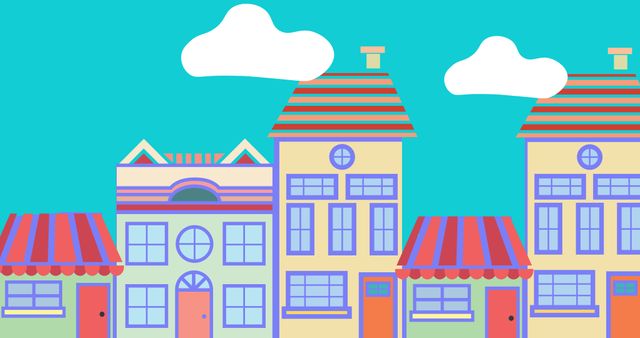 Illustration of colorful houses against sky in residential district, copy space. Vector, built structure, architecture, buildings, infrastructure, city, city life, residential building.