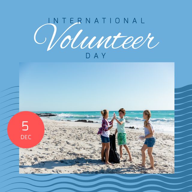 Composition of international volunteer day text and caucasian children recycling on beach. International volunteering, helping and eco sustainability concept.