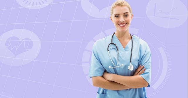 Smiling surgeon with stethoscope and arms crossed standing against digitally generated background