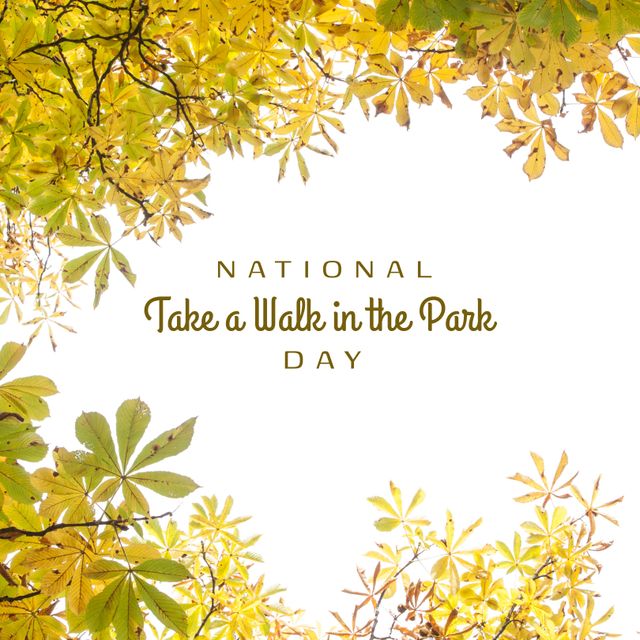 Composition of national take a walk in the park day text over leaves. National take a walk in the park day and celebration concept digitally generated image.