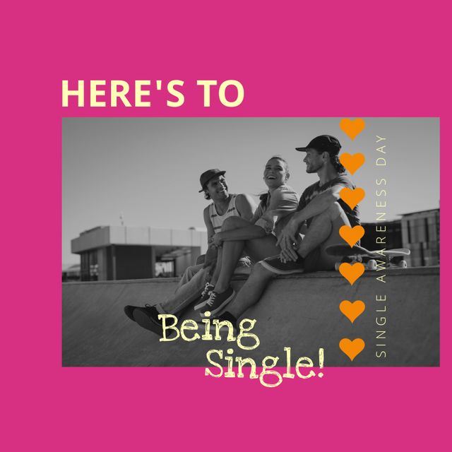 Here's to being single and 15 feb text with happy caucasian friends talking at skateboard park. Digital composite, together, single awareness day, holiday, love and celebration.